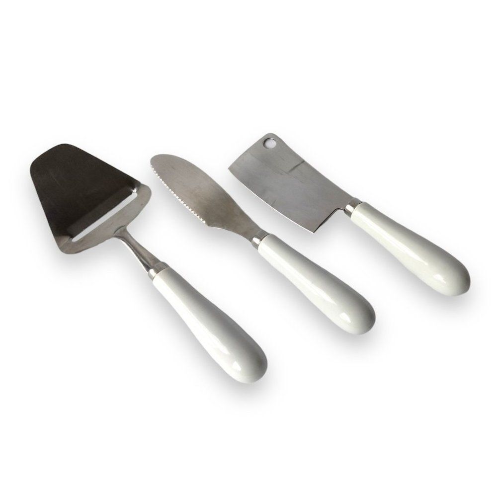 Vintage 80s Set of 3 Cheese Knives with White Ceramic Handles